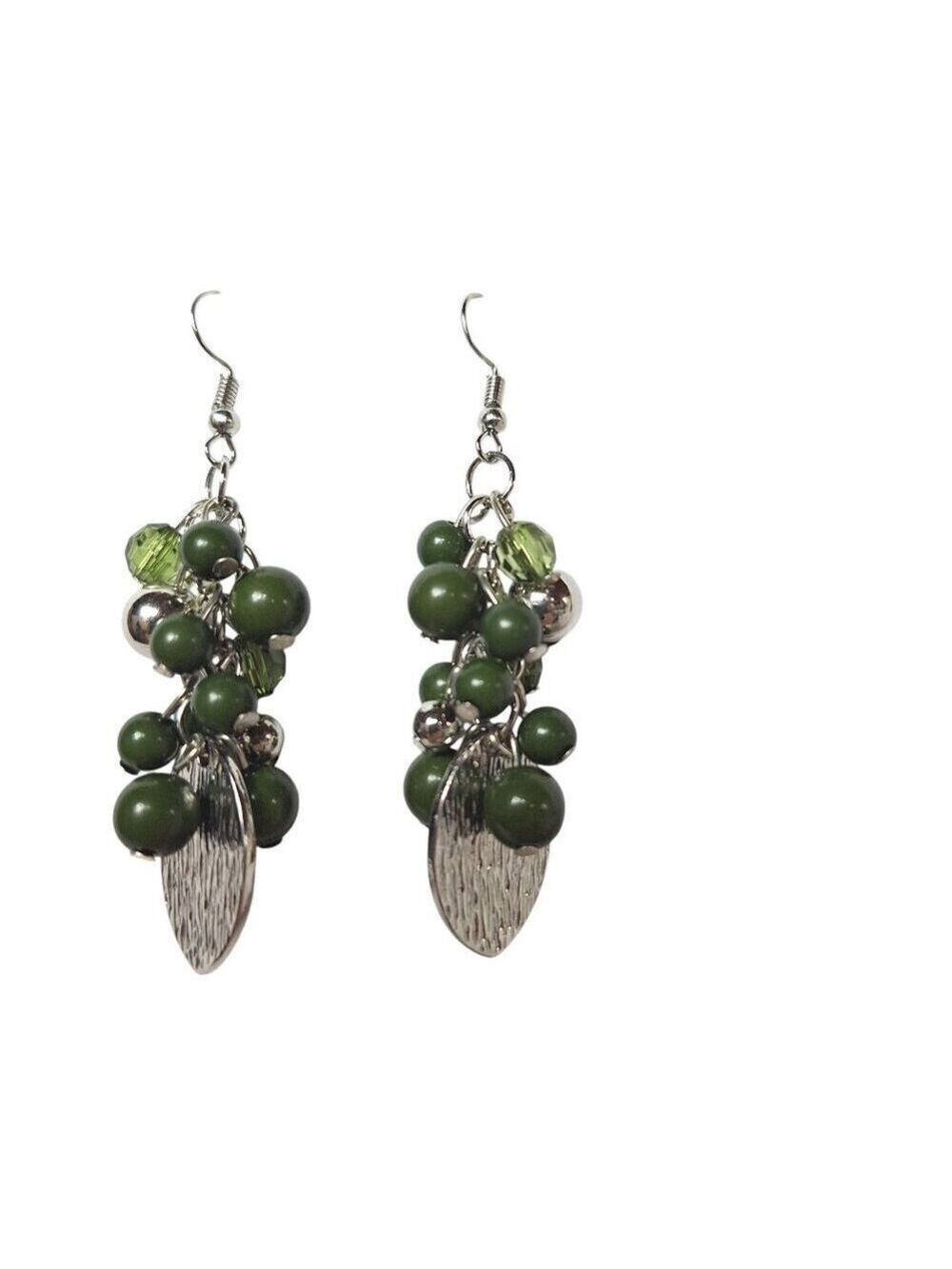 Silver Drop Earrings Green Beaded Leaf Charm
